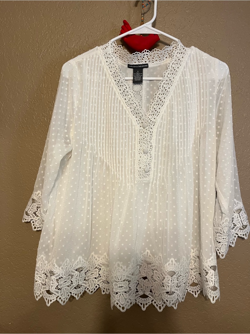 Chelsea & Theodore White Swiss Dot Crochet V-Neck Blouse